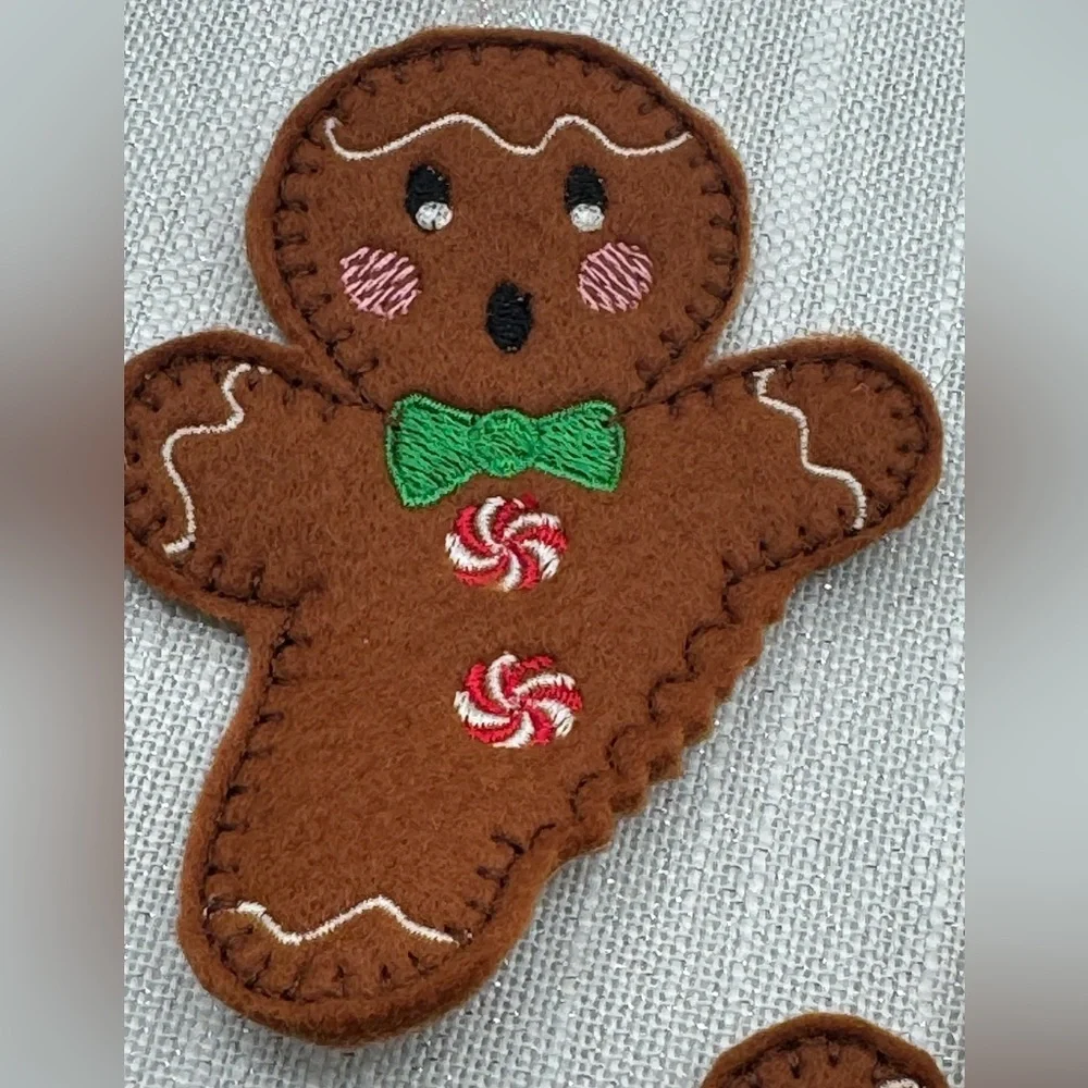 gingerbread ornament handmade set of 2 iridescent ribbon to hang on tree 4”